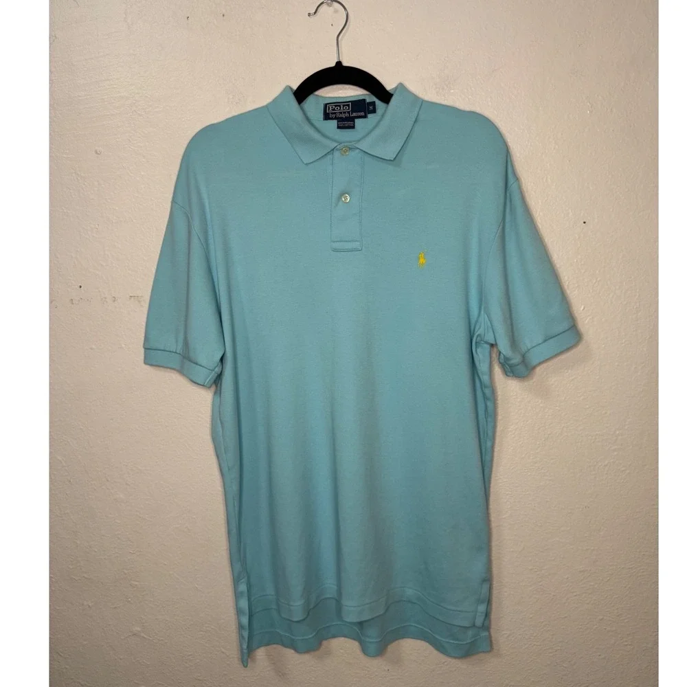 Polo Ralph Lauren Men's Medium Short Sleeve Polo Shirt Light Blue Yellow Pony